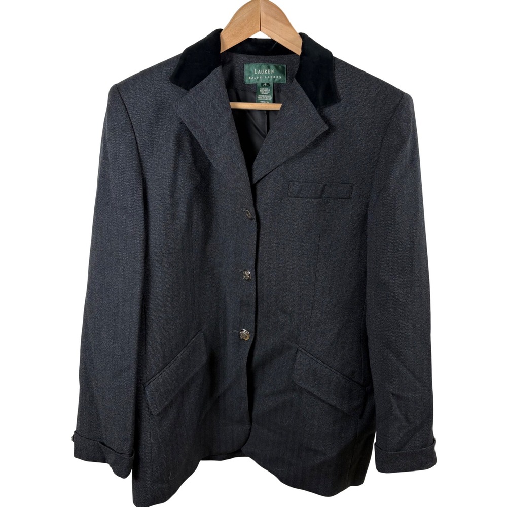 Ralph Lauren Equestrian Blazer Gray Wool Velvet Collar 14 Horse Girl Old Money